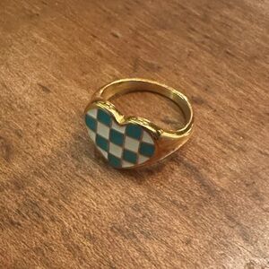 Teal Blue and White Checkered Heart Ring with Gold-Toned Band
